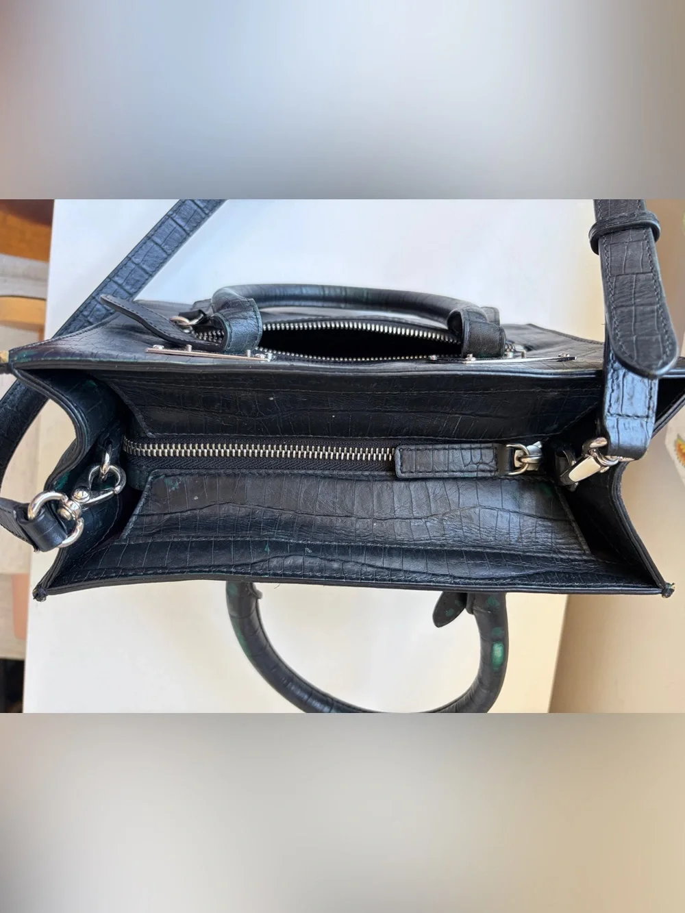 henri bendel Black Croc-Embossed Structured Top-Handle Bag